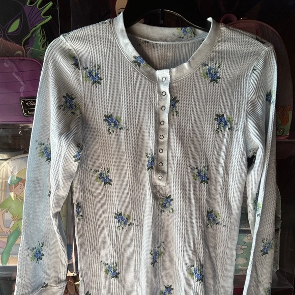 Aerie Tops - Aerie Ribbed Button Up Long Sleeve Top Light Blue Floral Medium Women